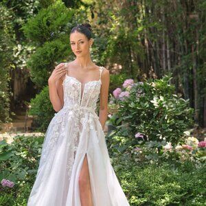 New Off White Wedding Floral Gown w/ Illusion Plunging Neck & Leg Slit CD WL063